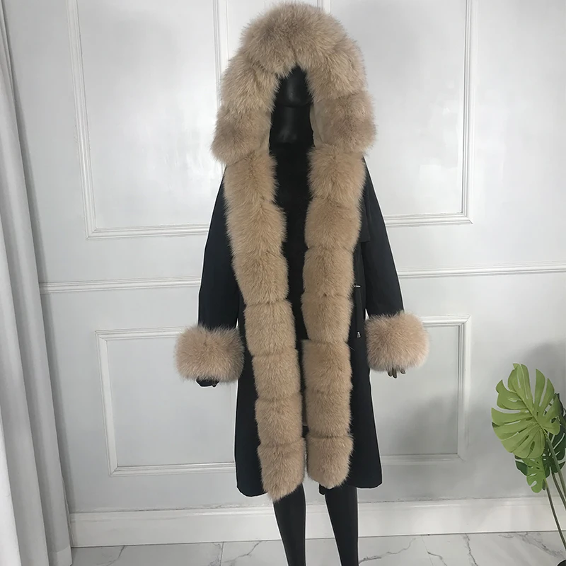 

Winter Coat Parkas Hooded Real Fox Fur Collar Rabbit Fur Lined 100 cm Long Women Warm Fashion Outwear