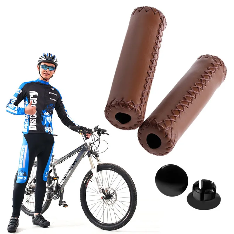 

MTB BMX Road Mountain Bike Bicycle Cycling Stitched Leather Handlebar End Grips Y4UB