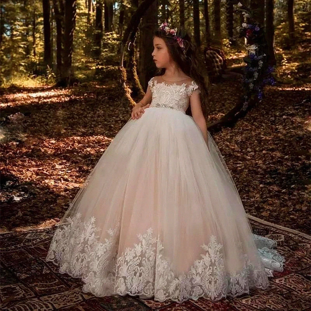 

Pageant Lolita Champagne Tulle Ball Gown Flower Girl Dresses Kids First Communion Party Princess Beading Sash Girls Dresses