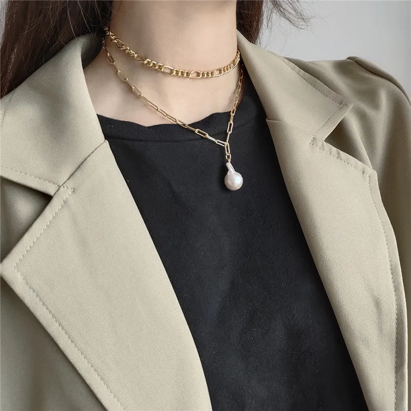 

POFUNUO 100% 925 Sterling Silver Handmade Big Chain Women Fashion Chokers Geometric Irregular Pearl Pendant Chic Short Necklaces
