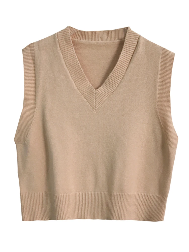 

V-neck Solid Color Sweater Vest Women Knitted Pullover Waistcoat 2021 Korean Style Autumn Winter Korean Loose Sleeveless Tops