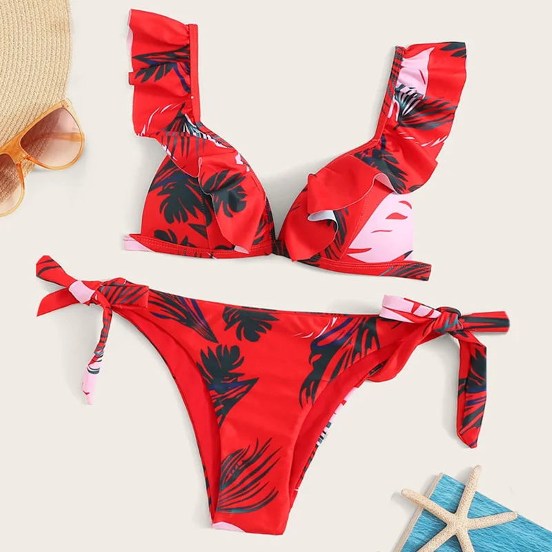

Sexy Bikinis Women Swimsuit 2020 Ruffle Biquini Set Leaves Printed Bathing Suits Beachwear Brazilian Swimwear