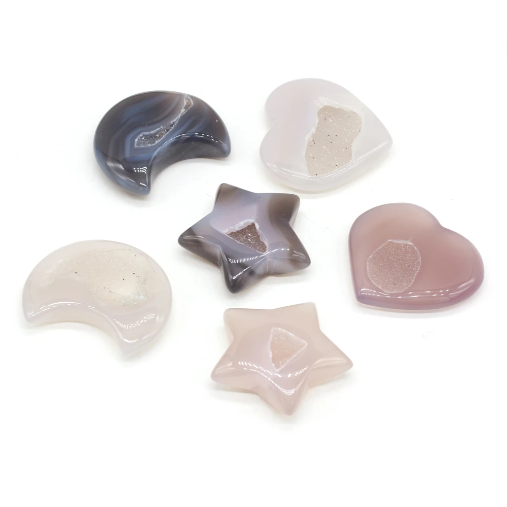 

1Pcs Moon Star Heart Shaped Statue Natural Stone Agate Beads Mascot Meditation Healing Reiki Gemstone Gift Collection Home Decor