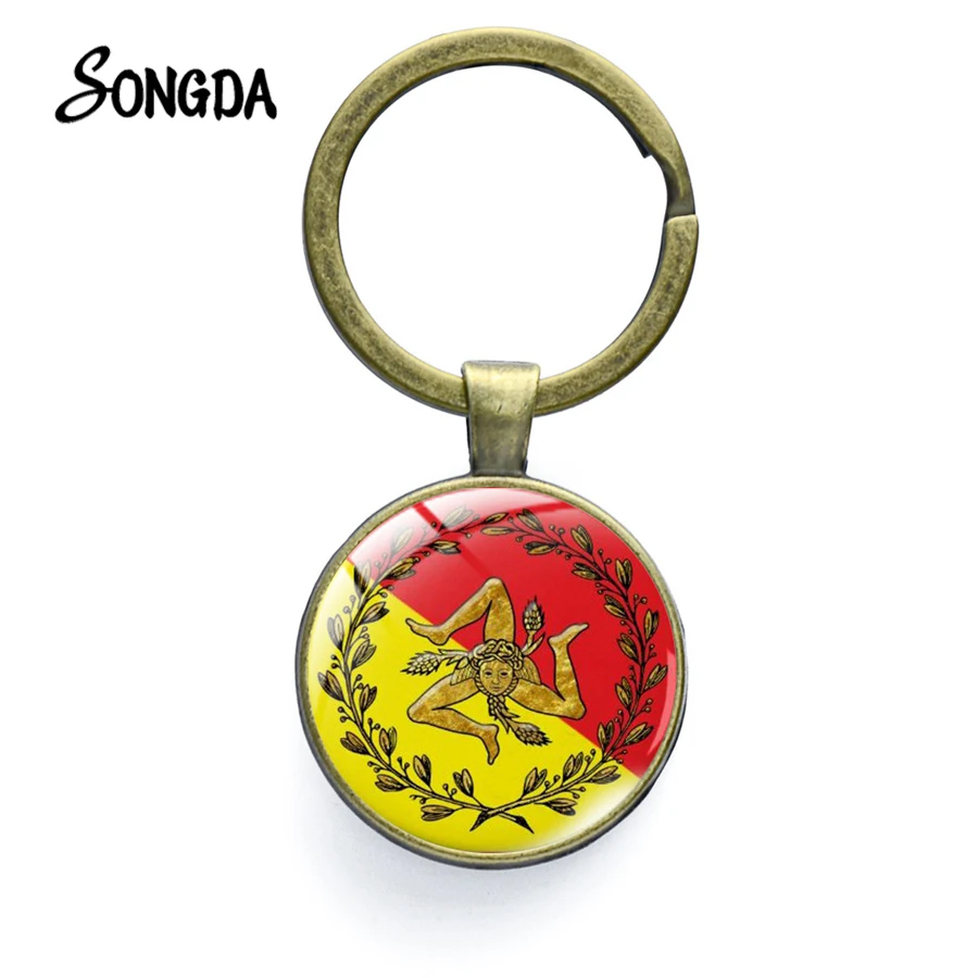 Брелок с изображением Сицилии Trinacria стеклянный круглый металлический брелок