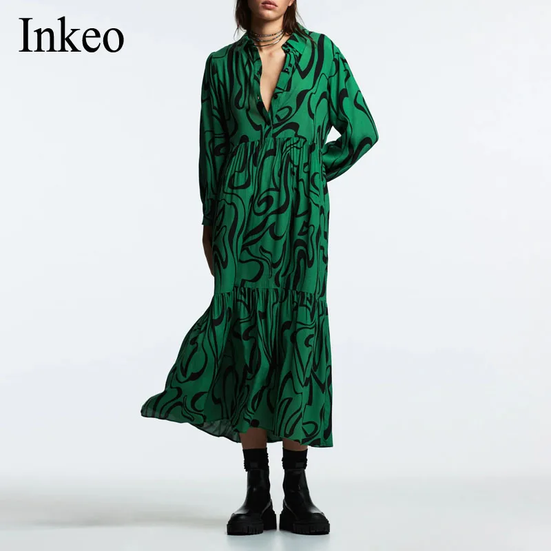 

Spring Summer Green Print Midi dress Women's Vintage Lantern sleeve Female Long Shirt dresses Loose Casual Vestidos INKEO 1D105