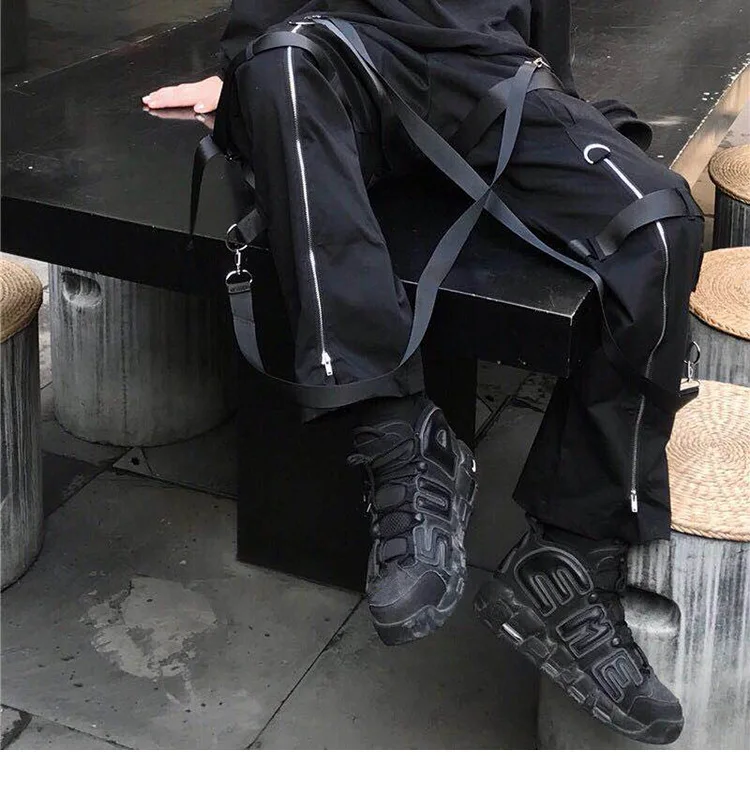 Хип-хоп брюки карго уличная Мужская Harajuku задняя молния Пряжка для брюк Ленты Брюки для хип-хопа шаровары карманы осенние черные