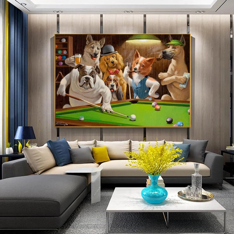 

Funny Animal Poster Anime Cartoon Pet Dog Billiards Playing Balls Canvas Painting Modern Wall Art For Living Room Home Decor