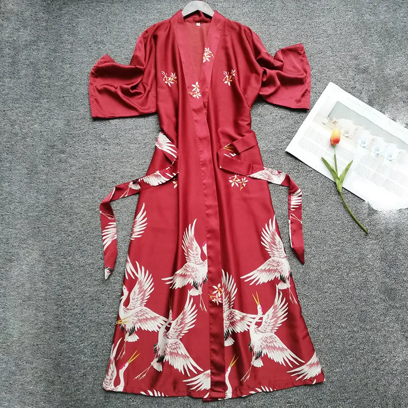 

Print Crane Kimono Bathrobe Gown Female Satin Nightwear Homewear Long Satin Summer New Bride Wedding Robe Intimate Lingerie