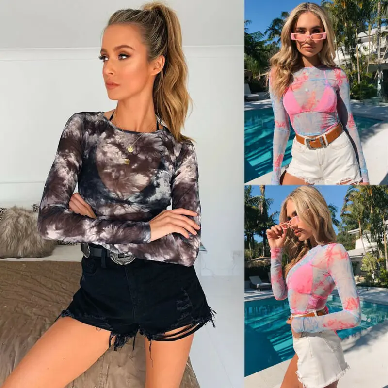 2019 лето новые женские сетчатые сексуальные футболки с длинным рукавом принтом О