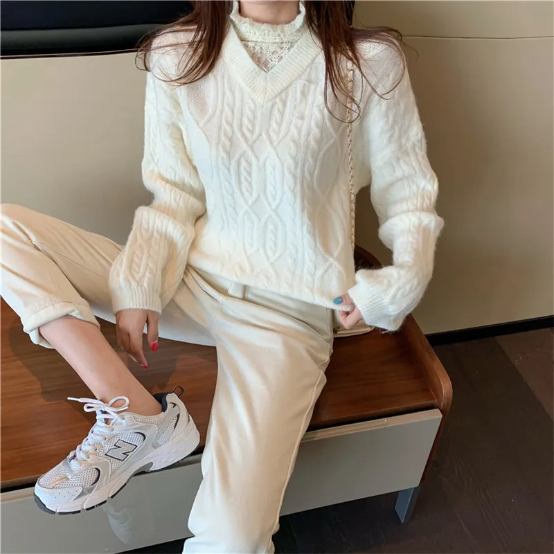 

v-neck simple solid twist knitted winter sweater elegant fashion lazy style chic all-match crochet sweater 2020 fall winter