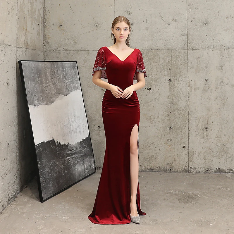 

Elegant Deep V Neck Female Evening Dress Side Slit High Split Vestidos Largos Bonitos Flare Sleeve Backless Sexy Ladies Vestidos