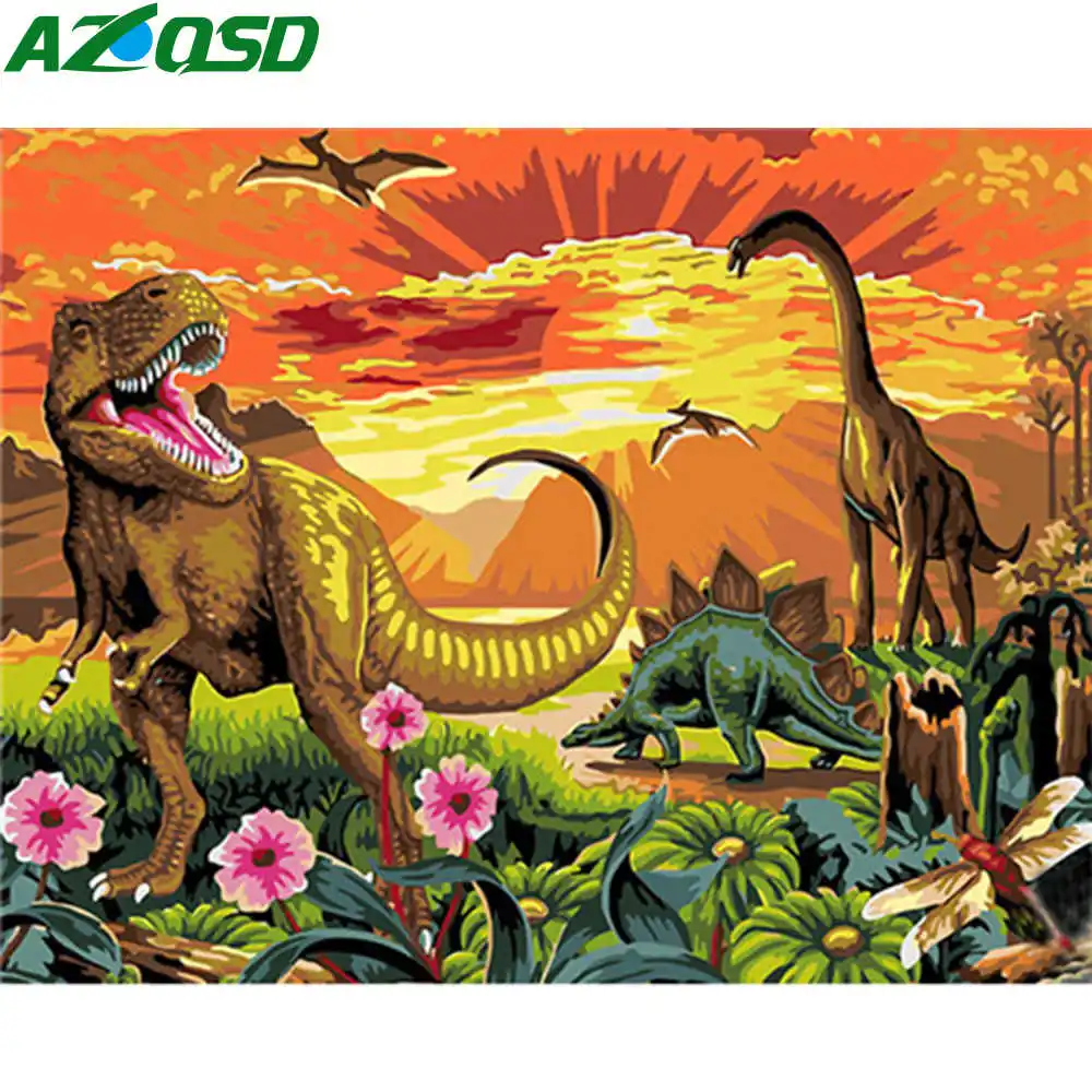 

AZQSD Coloring By Numbers Cartoon Acrylic Paint For Children's Room Decoration DIY Painting By Numbers Dinosaur Unique Gift