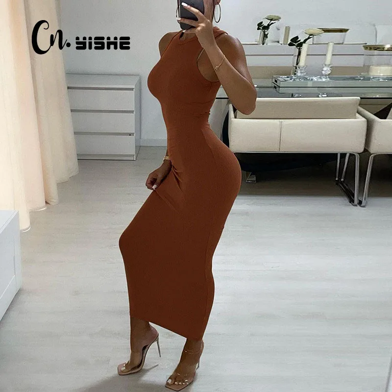 CNYISHE-Vestido largo de punto acanalado para mujer, vestido largo ajustado con cuello redondo, Sexy, para fiesta, Otoño, 2021