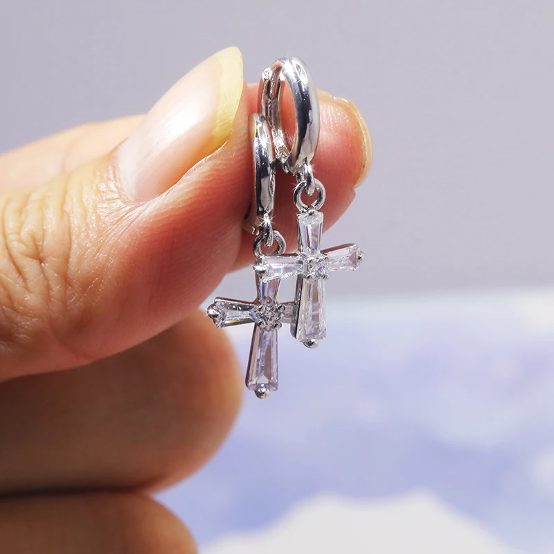 

JUWANG 2022 Newest Luxury Hoop Drop Earrings For Women Silver Color Crystal Cross Pendant Dangle Earrings Jewelry Brincos Mujer