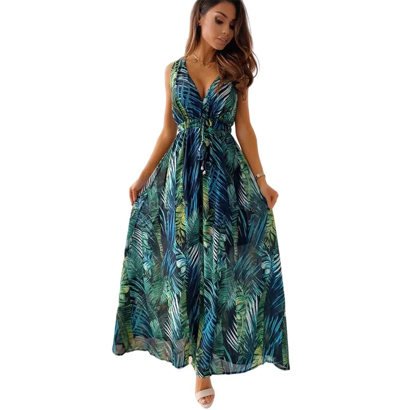 

2021 Fashion Boho Dress Long Dress Women Casual V Neck Sleeveless Retro Print Big Swing Beach Dress Elegant Sundress Robe Femme