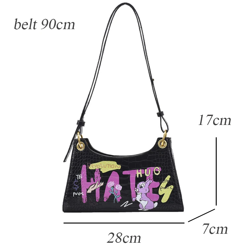 

Fashion Leather Letter Cartoon Printing Baguette Shoulder Bags Alligator Women Handbags Luxury Designer Crossbody Bag Summer Sac