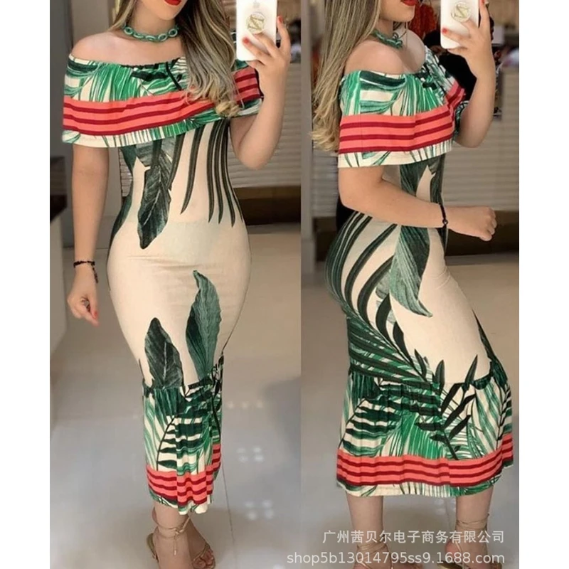 

WEPBEL Ruffles Slim Fit Dress Women's Sexy Patchwork Dress Summer Fashion Short Sleeve Printed Slash Neck High Waist Dress