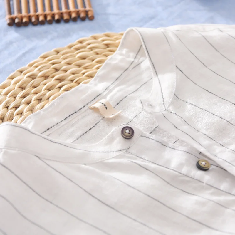 Воротник стойка 2020 Короткий Мужской рукав чистый лен Полосатый Белый Серый