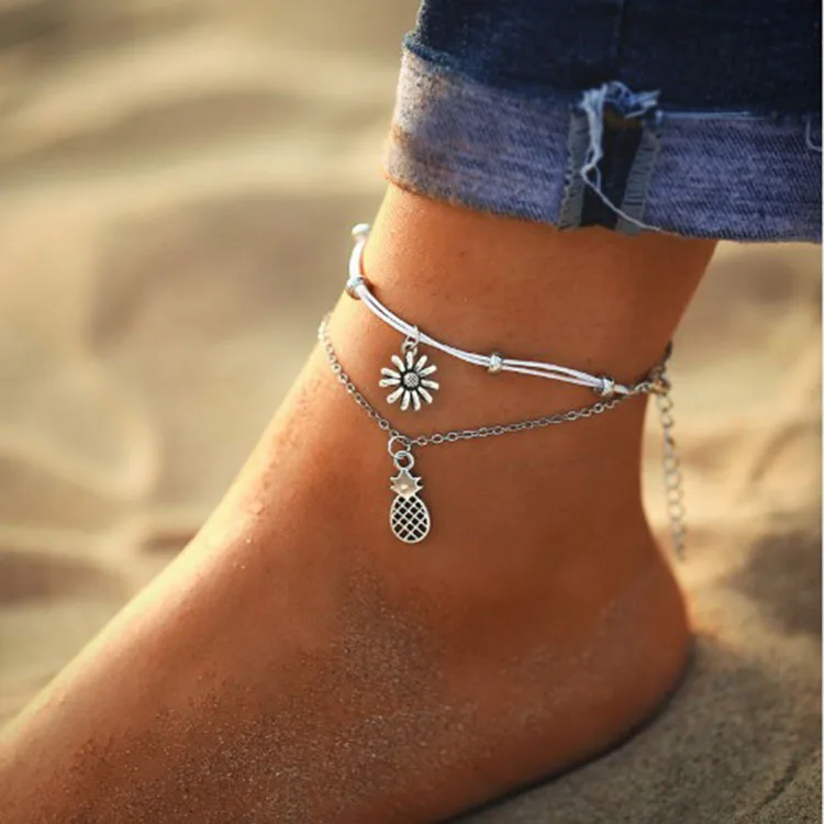 

Bohemian Sunflower Pineapple Anklets For Women Vintage Pendent Double Layer Anklet Foot Jewelry Gifts Drop Shipping