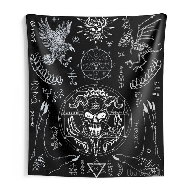 

Demon Face Gothic Skull Wall Hanging Occult Esoteric Crow Hands Skeleton Magic Seals Pentagram Satan Witchy Mystic Tapestry