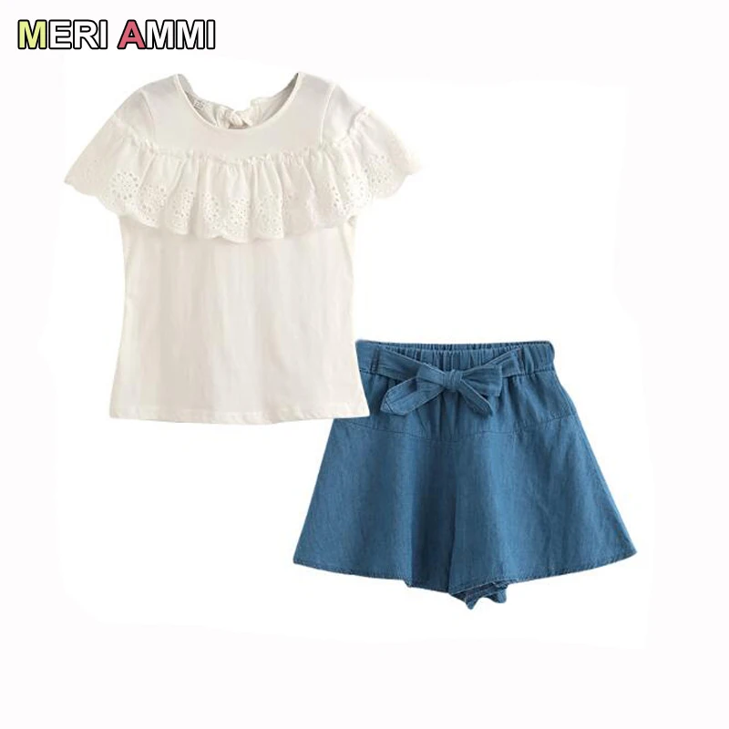

Мери Ами, комплект одежды для девочек, кружевная футболка с короткими рукавами + юбки с бантом и цветочным принтом для От 4 до 13 лет для малыше...