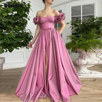 booma pink taffeta prom dresses off shoulder high slit a line party gowns pockets handmade flowers long formal evening dresses