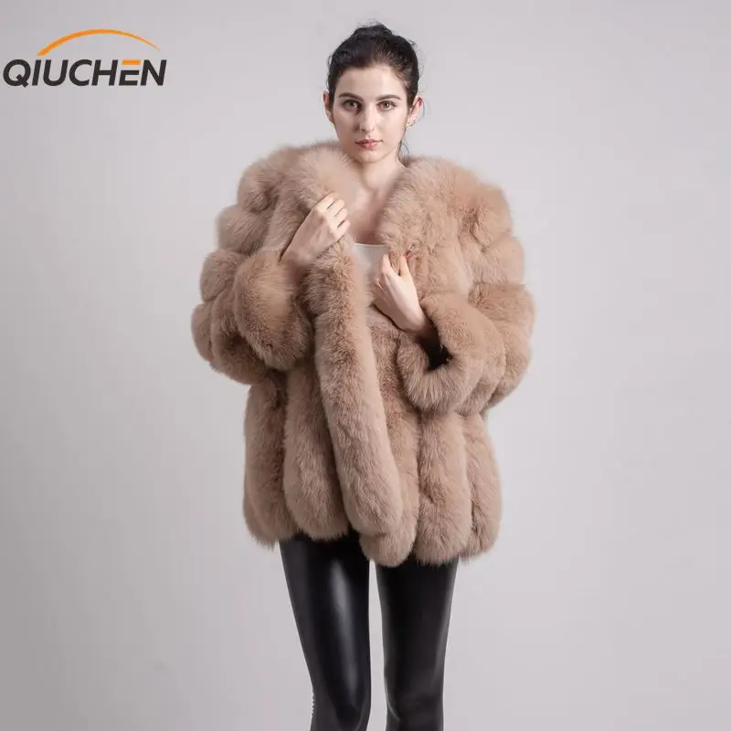 QIUCHEN PJ8128 Новое поступление женская зимняя шуба из натурального Лисьего меха горячая распродажа большой мех длинный рукав модная куртка для девочек