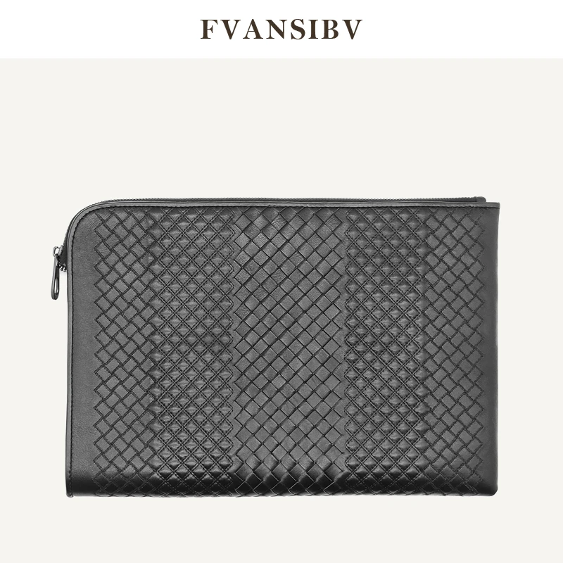 Business Men's Clutch Bag 100% Lambskin Woven Embroidered Luxury Brand Envelope Bag Multi-Function Large-Volume A4 File Bag New