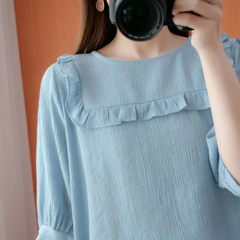 

2021 Summer New Artistic Tree Fungus-like Lacework round Neck Short Sleeve T-shirt Solid Color Casual Slimming Youthful-Looking