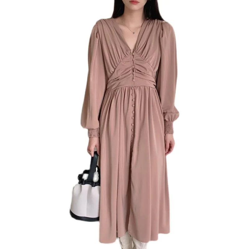 

COIGARSAM French Style Women dress Puff Sleeve Single Breasted V-Neck Dresses Khaki 9590