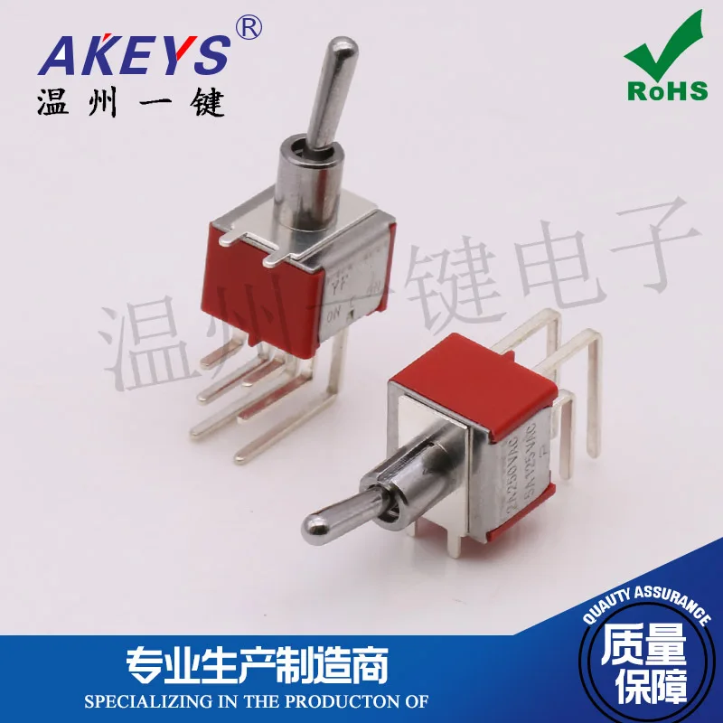 

MTS-202-A4 Rocker arm side insertion Toggle switch With fixed feet Bent feet 6 feet 2 gears Handle length 11mm Light hole