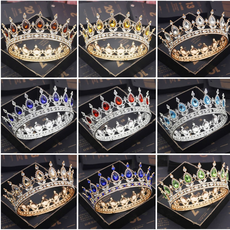 

Yellow Crystal Queen King Tiaras and Crowns Bridal Diadem Head Ornament Wedding Hair Jewelry Bride Accessories