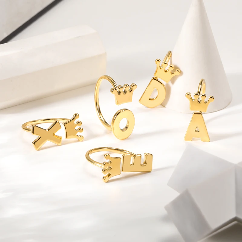 

Chunky Initial A-Z Letter Stainless Steel Rings Metal Adjustable Opening Ring Name Alphabet Female Party Fashion Crown Jewelry