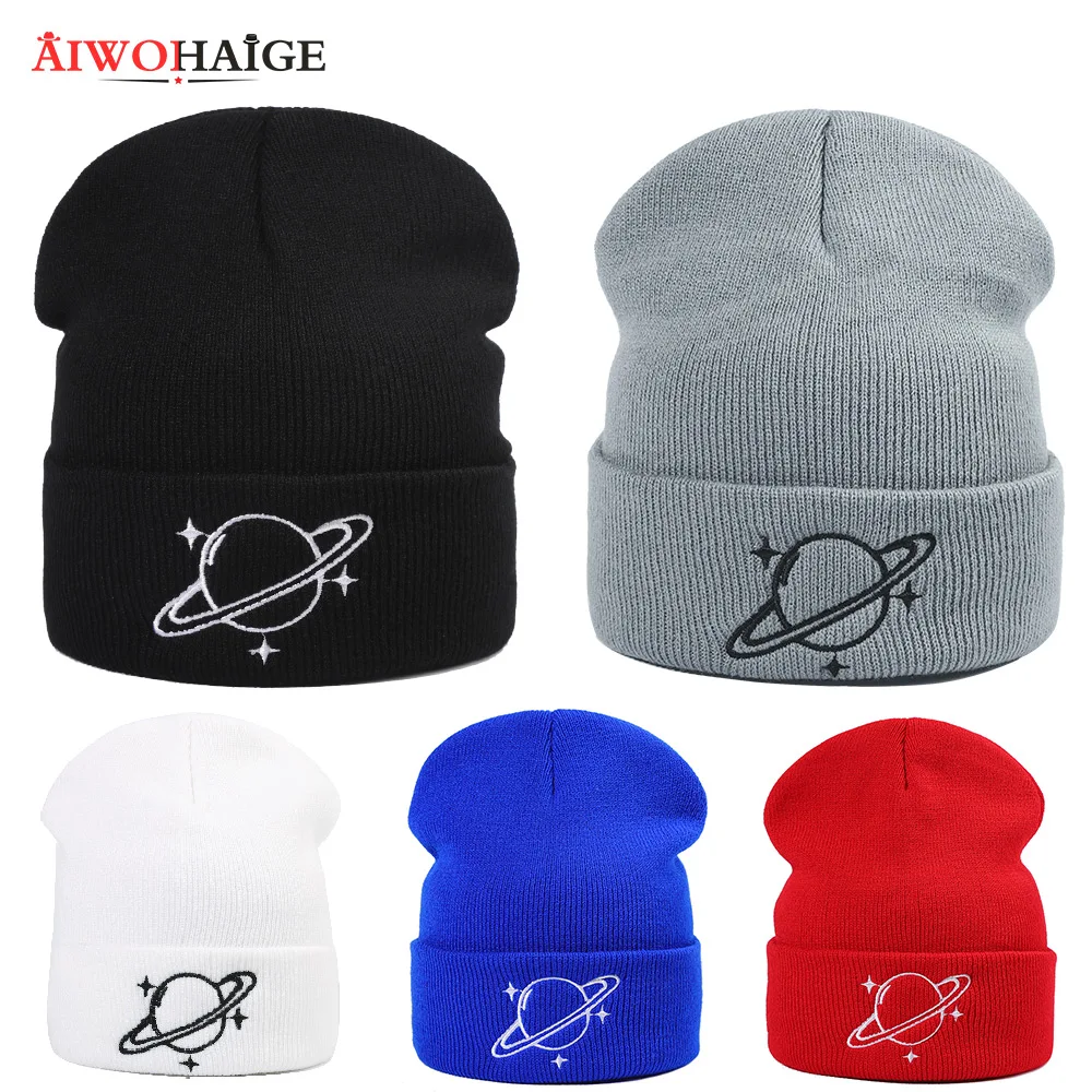 

Осень-зима 2021, вязаные шапки, однотонные хлопковые шапки с вышивкой планеты, теплые шапки, мужские шапки, женские шапки, уличные шапки