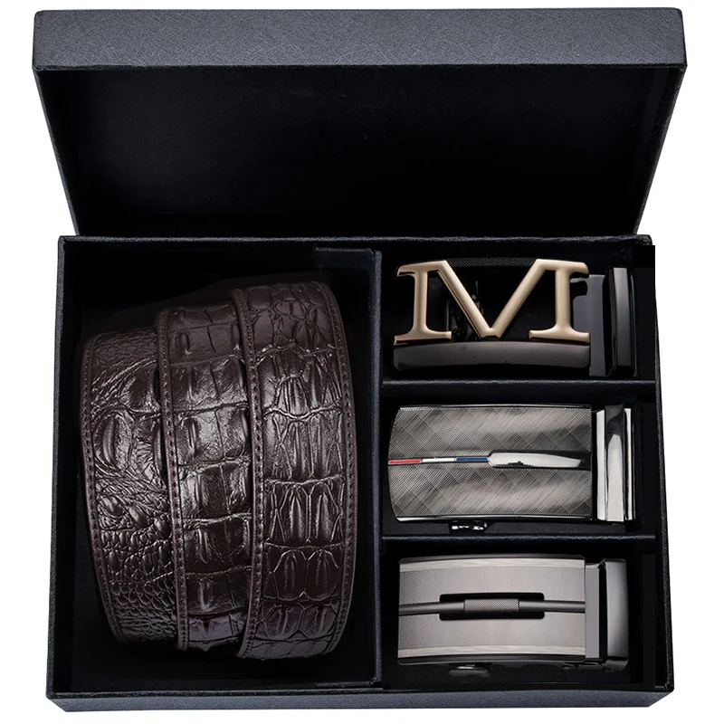 

Мужской ремень из натуральной воловьей кожи, широкий коричневый ремень из крокодиловой кожи с автоматической пряжкой в ковбойском стиле, 3,5...