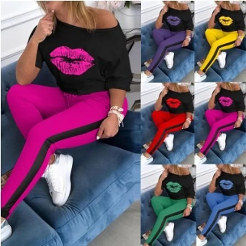 

Autumn Winter New Womens Clothing Sexy Off The Shoulder Lips Printing Top Full Length Casual Womens Suit