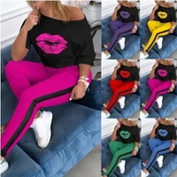 autumn winter new womens clothing sexy off the shoulder lips printing top full length casual womens suit