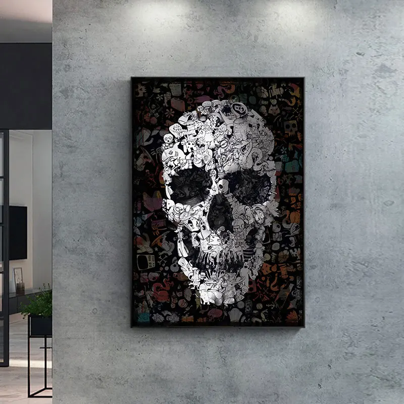 Картина на холсте Рисунок каракули череп черно-белые настенные художественные