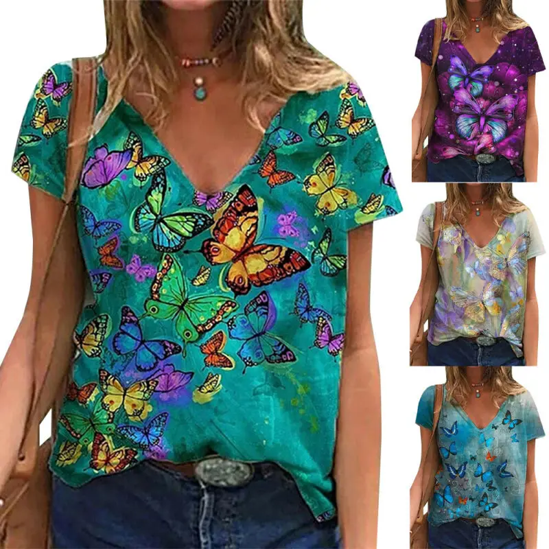 

Womens Tops V Neck Short Sleeve T Shirt Tops Summer Vintage Butterfly Print Woman Tshirts 2021 Trend