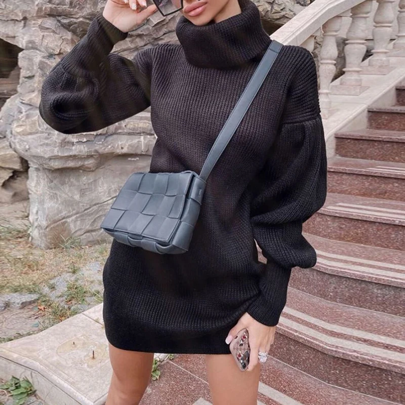 

Autumn Winter Women Elegant Lantern Sleeve Sweater Dress 2020 Fashion Casual High Neck Solid Dresses Ladies Warm Loose Vestidos