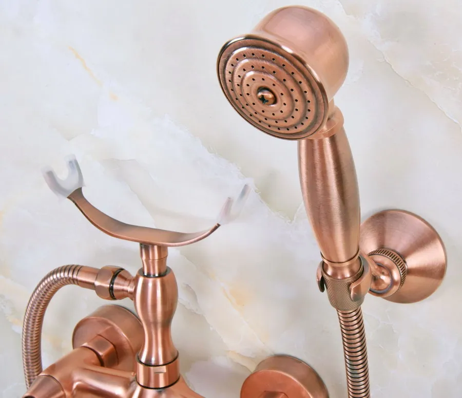 Античный красный медный смеситель для ванной комнаты настенный набор ручной