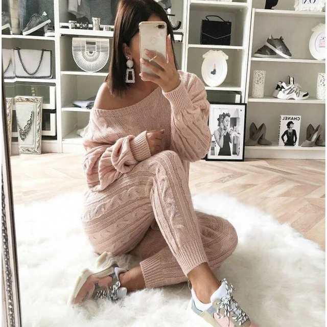 

Autumn O-neck Knitwear Women's 2-piece Suit Women's 2-piece New Cotton Sportswear Women's 2-piece Pullover Top + Knitted Pants