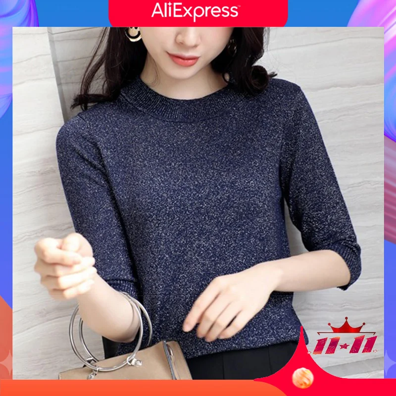 Spring Autumn Shiny Lurex Knit Sweater Women Cropped Short Sleeve Fashion Sweaters And Pullovers O-Neck Ladies Top | Женская одежда - Фото №1