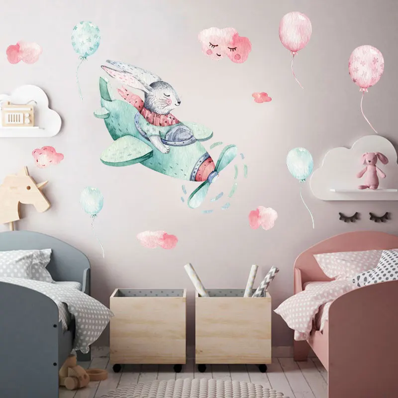 

2022 Cartoon Watercolor Rabbit Clouds Balloon Decoration Wallpaper Children's Room Kindergarten Classroom Bedroom Wall Layout