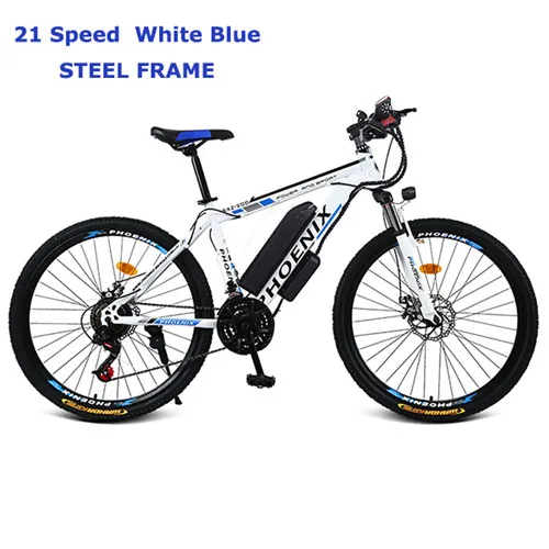 21 Speed white blue Мощный электрический велосипед, 2 колеса, Электрический велосипед, 26 дюймов, углеродистая сталь, 21/27 скоростей, горный, 40 км, электрические скутеры для взрослых - Цвет: 21 Speed white blue