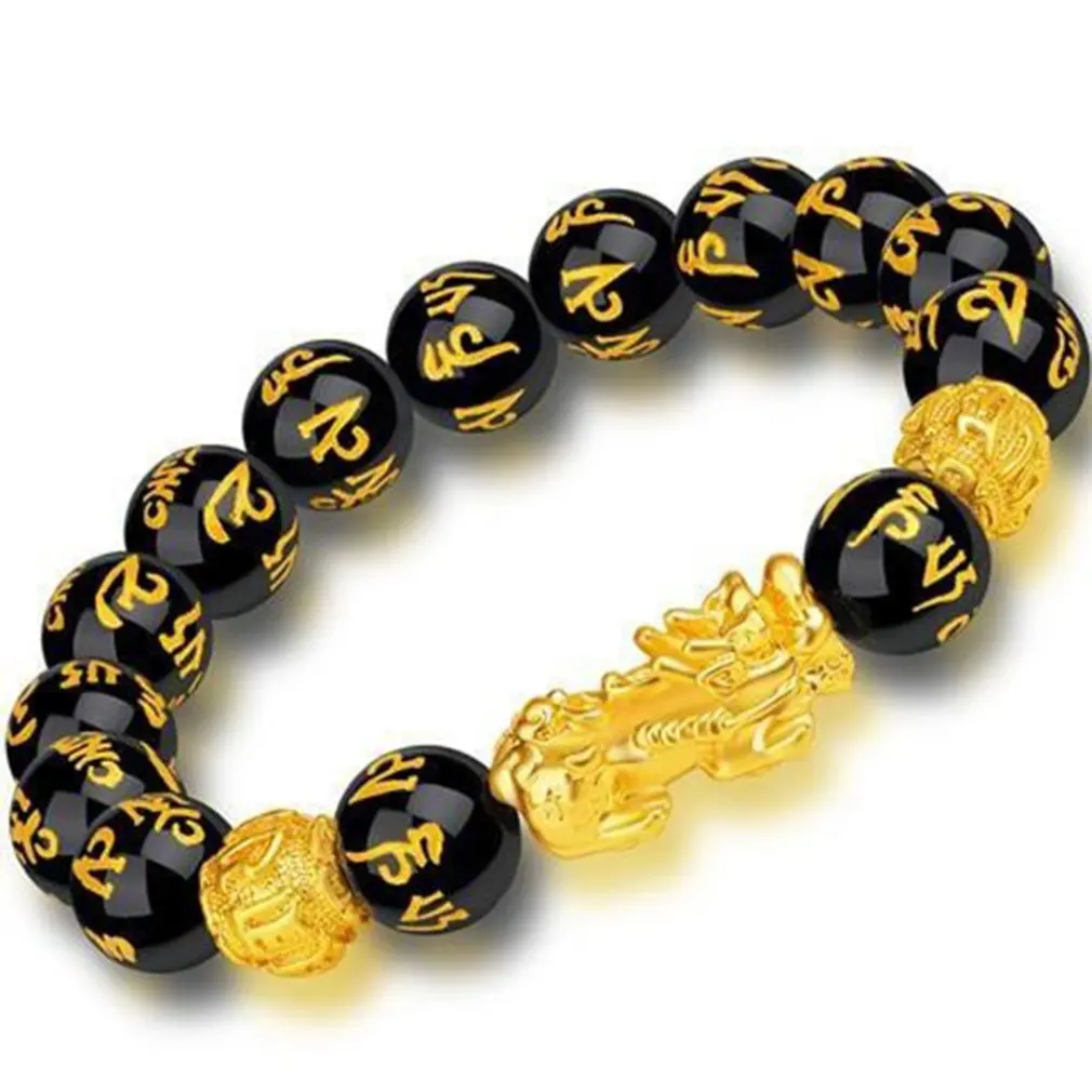 

Feng Shui Obsidian Stone Beads Bracelet Men Women Unisex Wristband Gold Black Pixiu Wealth and Good Luck Women Bracelet