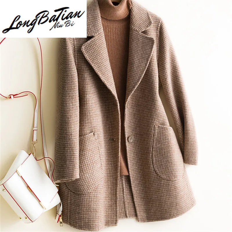 

Женское двухстороннее пальто средней длины, элегантная свободная шерстяная куртка размера плюс на осень и зиму