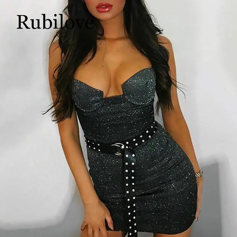 

Rubilove Glitter Sparkle Bling Shining Sleeveless Mini Dresses Elegant Sexy Party 2019 Summer Women Strap festival Vestidos
