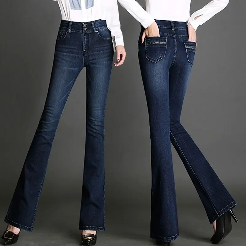 

Новые весенне-осенние женские джинсы с высокой талией, длинные синие брюки, джинсовые брюки, повседневные винтажные джинсы-скинни с эффекто...