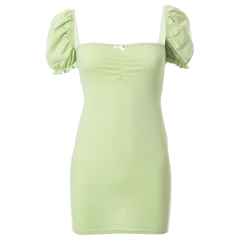 

Womens Sexy Dresses 2021 Summer New Puff Sleeve Tight Solid Color Thin Hip Short Dress Night Club Fashion Ladies Slim Clothing